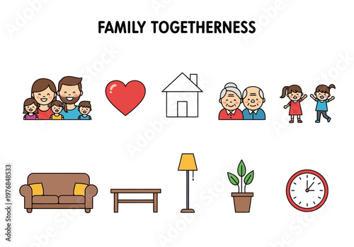 Illustrations of family togetherness, including happy families, homes, and cozy furniture, symbolizing love and domestic bliss