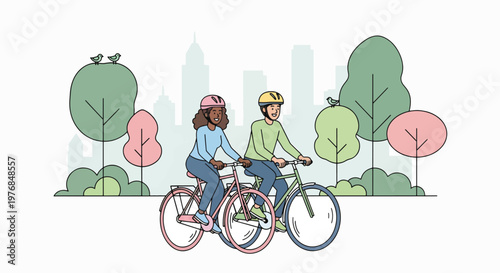 A young couple rides bicycles together in a park with trees and a city skyline in the background, conveying a sense of leisure and outdoor activity.