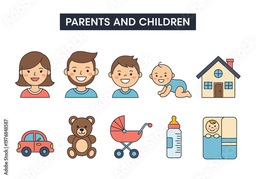 A collection of illustrations depicting elements of family life, including parents, children, a baby, a stroller, and a house