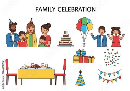 Happy family celebration with cake, balloons, gifts, and festive decorations, illustrating joy and togetherness