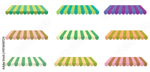 Striped Shop Awnings Set: Vector Illustration of Vintage Market Canopies Isolated on Light Background