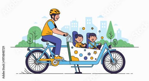 A cheerful father cycling with two happy children in a colorful tricycle against a cityscape background with trees and buildings on a sunny day.