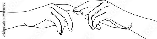 Abstract continuous one line art drawing showcasing two elegant human hands gently reaching towards each other, symbolizing delicate connection, collaboration, and human interaction with a beautiful m