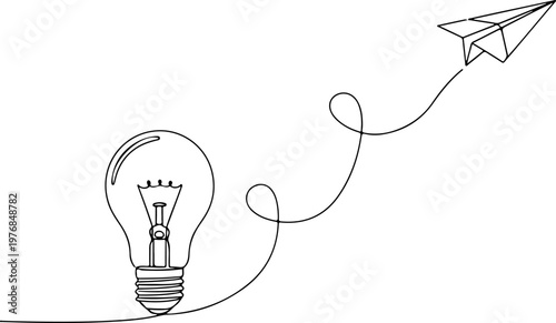 Minimalist single line drawing showing a glowing light bulb connected to a flying paper plane representing creative imagination and the visionary process of launching new brilliant ideas for future su