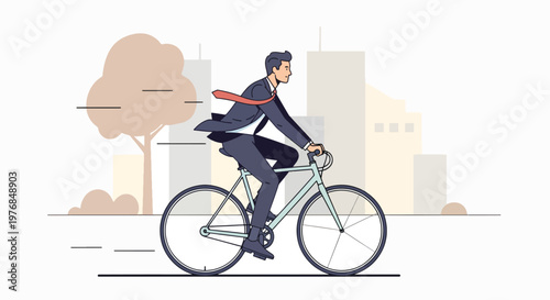 A businessman in a suit rides a bicycle through a cityscape with buildings and a tree in the background, conveying a sense of urban commuting with a professional tone.