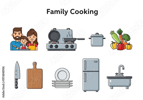 Family Cooking Vector Illustration Set Kitchen Utensils, Appliances, and Food Ingredients for Culinary Adventures