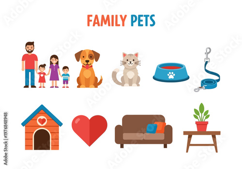 Collection of Icons Representing Family Life, Pets, and Home Comforts Including Animals, Furniture, and Decorations