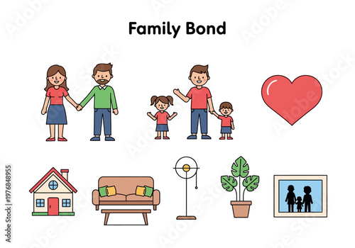 Diverse representations of family and home life, showcasing togetherness and love with illustrative icons and symbols