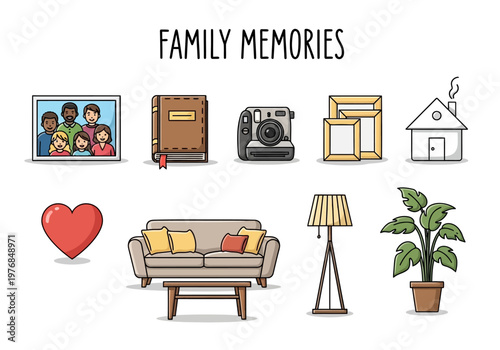 Family memories icons collection with a sofa, lamp, heart, camera, house, photo frame and potted plant