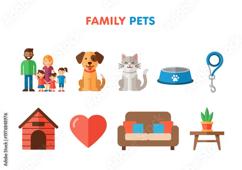 Collection of flat design icons representing family, pets, and common household items related to pet ownership and living spaces