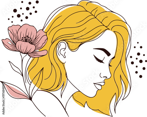 Elegant young woman with flowing golden hair depicted in a minimal line art illustration style featuring a soft pink flower to showcase feminine beauty and delicate artistic graphic design work