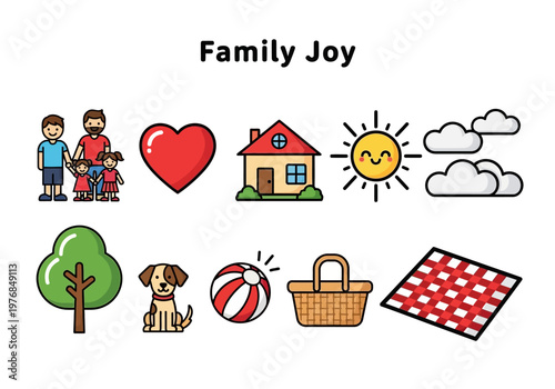 Illustrations of family happiness, a home, a picnic, and outdoor activities, symbolizing togetherness and fun