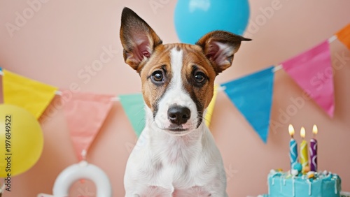 Brown and white Jack Russell Terrier sitting in front of birthday decorations with cake and candles