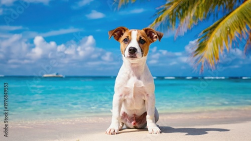 Young Jack Russell Terrier with brown and white markings sitting on tropical beach with turquoise ocean and palm tree