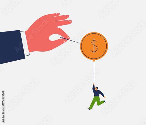 government support end in of small business. money bubble collapsing concept. hand pierces a balloon with a needle, man holding on to a rope. vector illustration