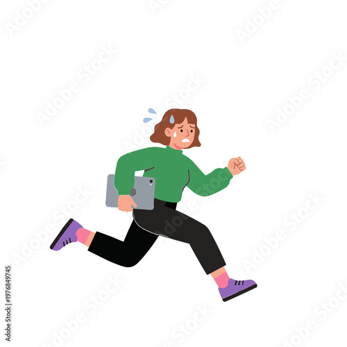 Woman runs quickly with laptop in hand on urban street at daytime