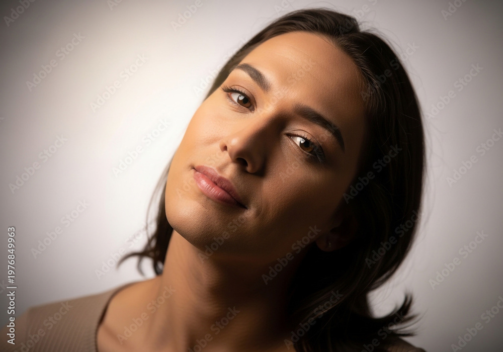 Fototapeta premium Woman with thoughtful expression looking up, portrait of a female with a contemplative mood on a neutral background
