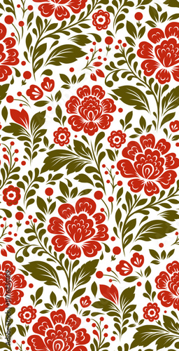 Vector pattern with decorative flowers. Tracery blossom texture. Slavic ornament with red flowers on white background for wallpaper, fabric, and wrapping paper.