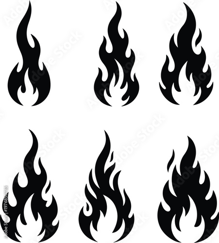 Set of black fire flame icons, vector illustration of burning fire symbols