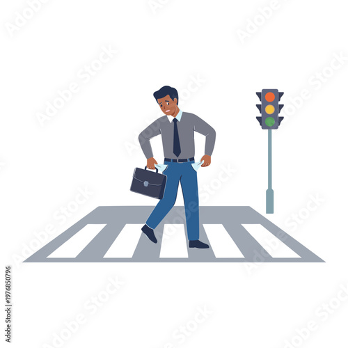 Man crossing street with briefcase on pedestrian crossing near traffic light