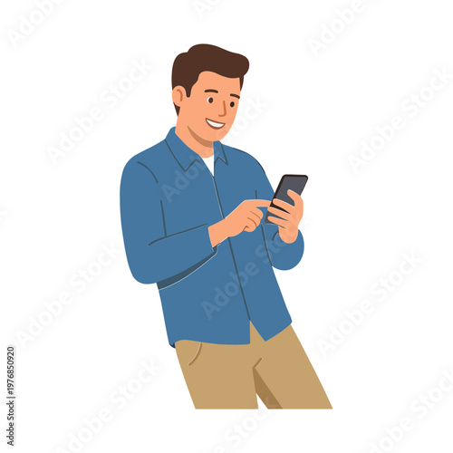 Man looks at phone with happy expression on face