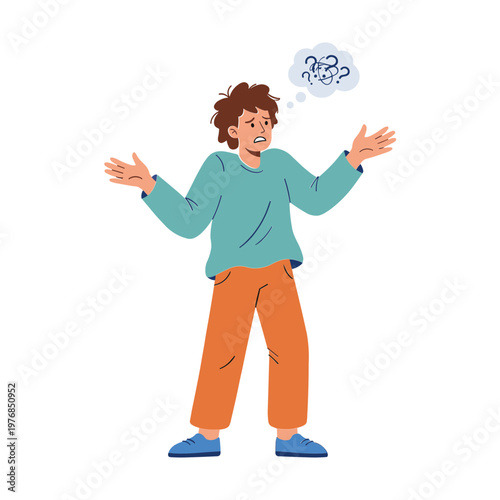 Man with puzzled expression stands confused with questioning thought bubble
