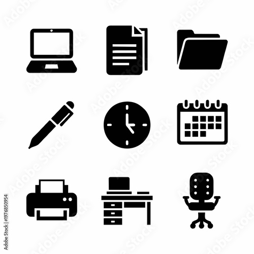 Collection of nine office and business icons including a laptop, document, folder, pen, clock, calendar, printer, desk, and chair, perfect for digital presentations or graphic design