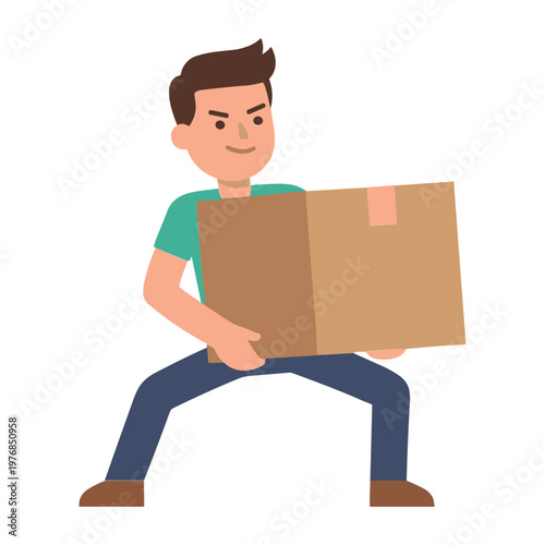 Man lifting large brown cardboard box with effort and concentration indoors