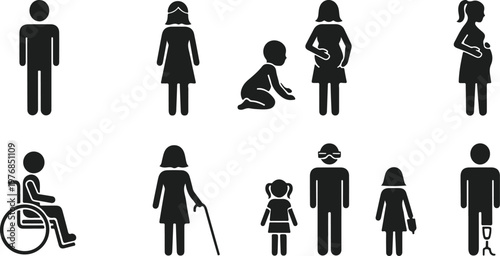 Set of human icons representing different people and life stages