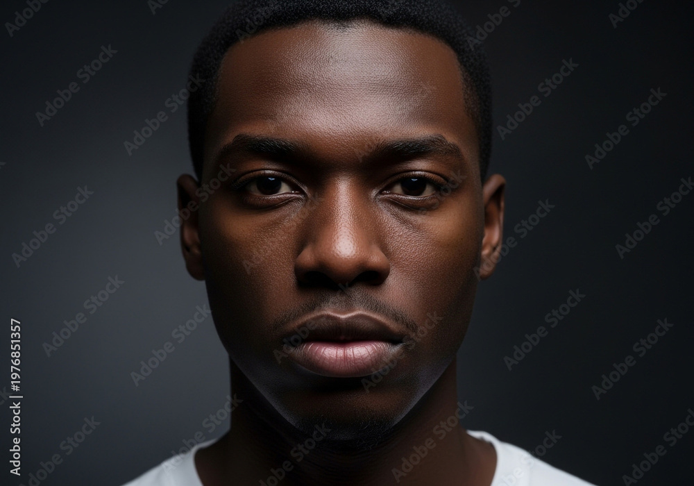 Obraz premium Serious young black man with intense expression in studio portrait on dark background