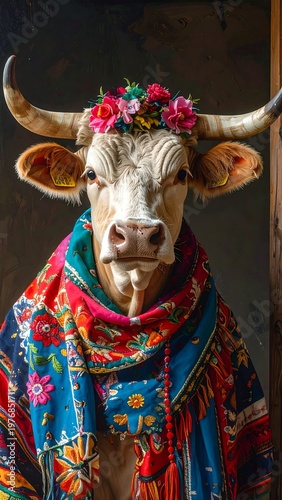 A white bull with a floral crown and vibrant clothing