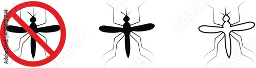 Mosquito insect icon set collection group pest bug vector illustration, mosquito gnat fly insect symbol silhouette outline flat line style black icons for hygiene, danger, prevention design