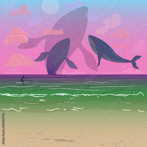 Surreal Ocean with Giant Whales, Full Moon, and Clouds.  dreamy beach scene with stylized clouds is perfect for fantasy posters, book covers, meditation apps, and creative backgrounds.Vector
