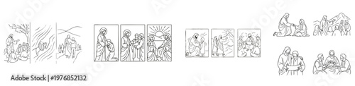 Line art illustration collection depicting scenes of Jesus with followers, showing compassion and spiritual guidance in a minimalist style.
