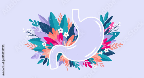 Floral human stomach anatomy illustration, healthy digestive system with colorful leaves and flowers, medical wellness vector art for gut health