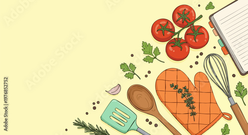 Hand drawn cooking background with kitchen utensils and fresh vegetables, culinary recipe book banner, organic food ingredients vector illustration