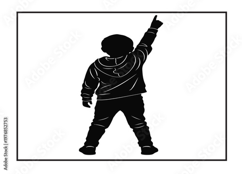 A silhouetted child with a hoodie raises one hand in a triumphant gesture facing upwards with determination