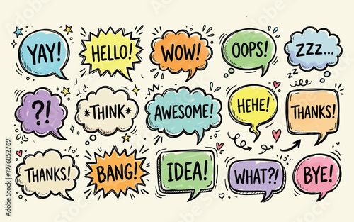 Colorful comic speech bubbles with various expressions and words on light background