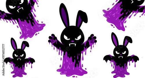Creepy Halloween vampire bunny vector set, spooky black rabbit monsters with purple slime, gothic horror bunny characters for stickers and posters