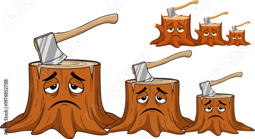 Cartoon tree stump character with axe, sad wooden stump mascot collection, environmental deforestation concept vector set on white background