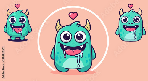 Cute turquoise monster cartoon character set, adorable horned creature with pink heart and drooling tongue, playful mascot vector illustration