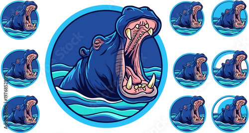 Aggressive hippo mascot character vector set, 10 hippopotamus icons with open mouth and teeth, blue wildlife animal head in water for sports logo