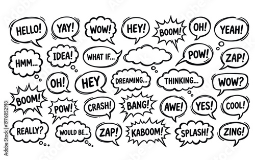 Collection of various comic book speech bubbles and expressions