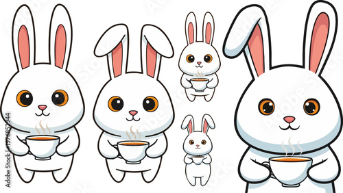 Kawaii white bunny cartoon character set, cute rabbit holding hot coffee cup vector, adorable animal mascot collection for cafe branding