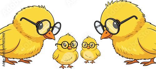 Cute yellow chick family wearing glasses, cartoon baby chickens with round spectacles, adorable bird characters for educational children books