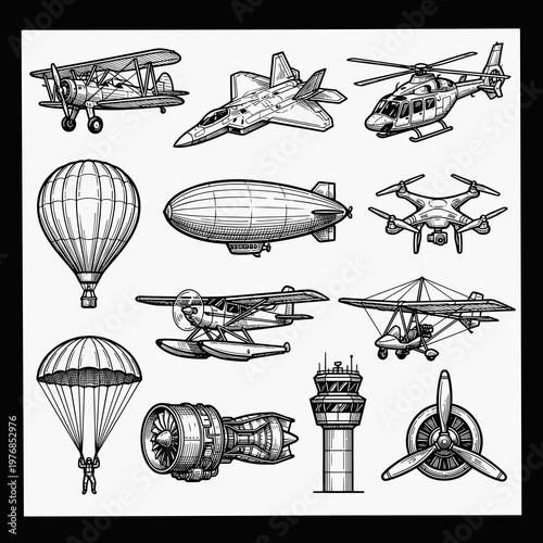 Aviation aircraft icon set: biplane, jet, helicopter, balloon, and technical flight illustrations