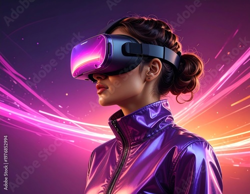 A woman wears VR headset with purple jacket and neon background
