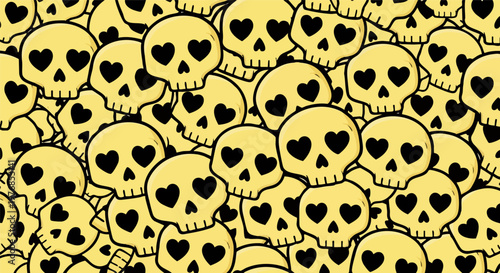 Vintage yellow skull pattern with heart eyes, seamless gothic background vector, hand drawn doodle skulls for edgy textile and wallpaper design