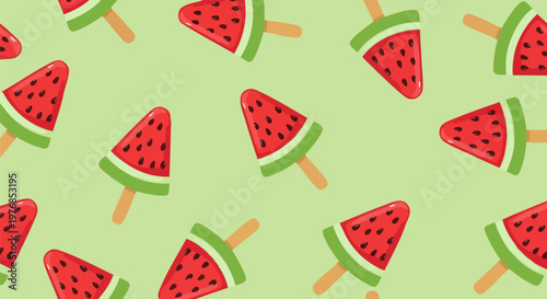 Watermelon popsicle seamless pattern vector, summer fruit ice cream background, red and green melon slice lolly wallpaper for textile design