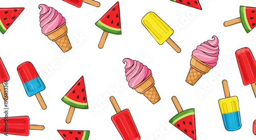 Colorful ice cream seamless pattern vector, summer popsicle and soft serve cone background, sweet frozen dessert wallpaper for fabric and wrapping